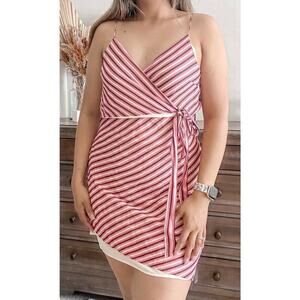 Lavender Brown Women's Pink Cream Striped Wrap Mini Y2K Style‎ Dress Size Medium